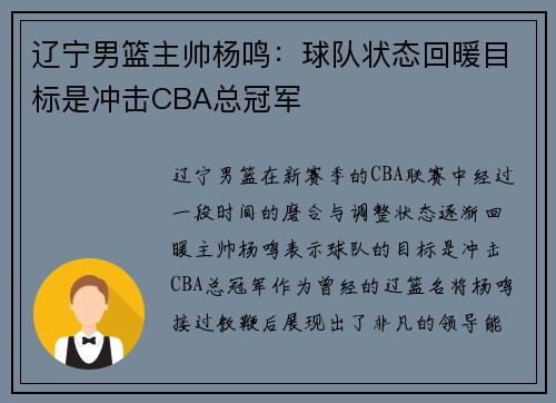 辽宁男篮主帅杨鸣：球队状态回暖目标是冲击CBA总冠军